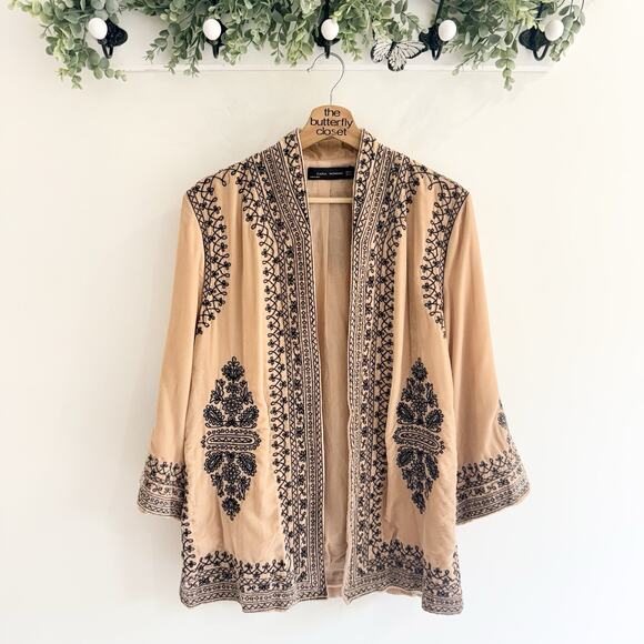 Zara Jackets & Blazers - Zara Woman Embroidered Velvet Kimono Jacket Nude with Black Embroidery Size M EE